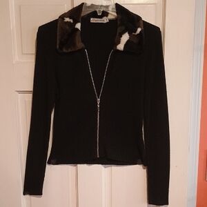 EUC Gantos Black Cardigan with Faux Fur Collar